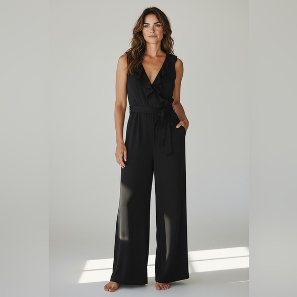 Tommy Hilfiger Pants - Tommy Hilfiger Black Sleeveless Ruffle V-Neck Jumpsuit Women’s Size 2 Stretchy